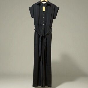 NWT Michael Kors Black Jumpsuit belted button front cuffed short sleeve XL $155